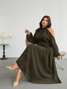 Firerie 大尺碼女款純色百褶休閒派對洋裝 - 綠色 - 查看 7