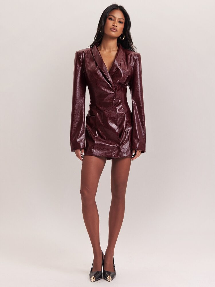 SHEIN BAE Burgundy Patent Leather Blazer Dress For Women Fall 2026 Sexy Elegant Slim Fit Long Sleeve PU Leather Mini Dress For Cocktail Party Date Night Holiday - Burgundy - View 5