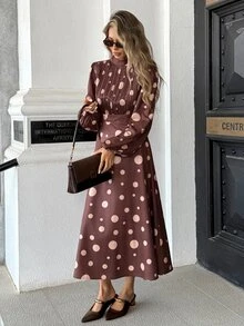 Pariaura 4-Way Stretch Asymmetrical Polka Dot Print Pleated Chest Small Stand Collar Fashion Women's Mid-Length Dress - Multicolor - View 4