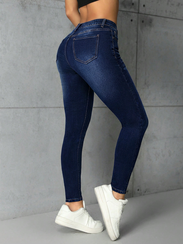 SHEIN PETITE 女款戶外四季通用藍色小碼緊身牛仔褲 - 深色水洗藍 - 查看 2