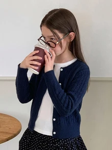DAZY Girls (Big) V-Neck Open Front Casual Cute Sweater Cardigan Autumn/Winter Top - Navy Blue - View 3