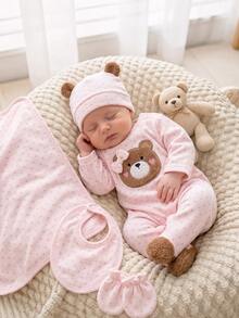 SHEIN Playful Pals Newborn Comfortable Soft Plush Pink Polka Dot Teddy Bear Applique Embroidery 3D Bow Decor Round Neck Fleece Footed Jumpsuit With Hat Autumn Winter - Baby Pink - View 1