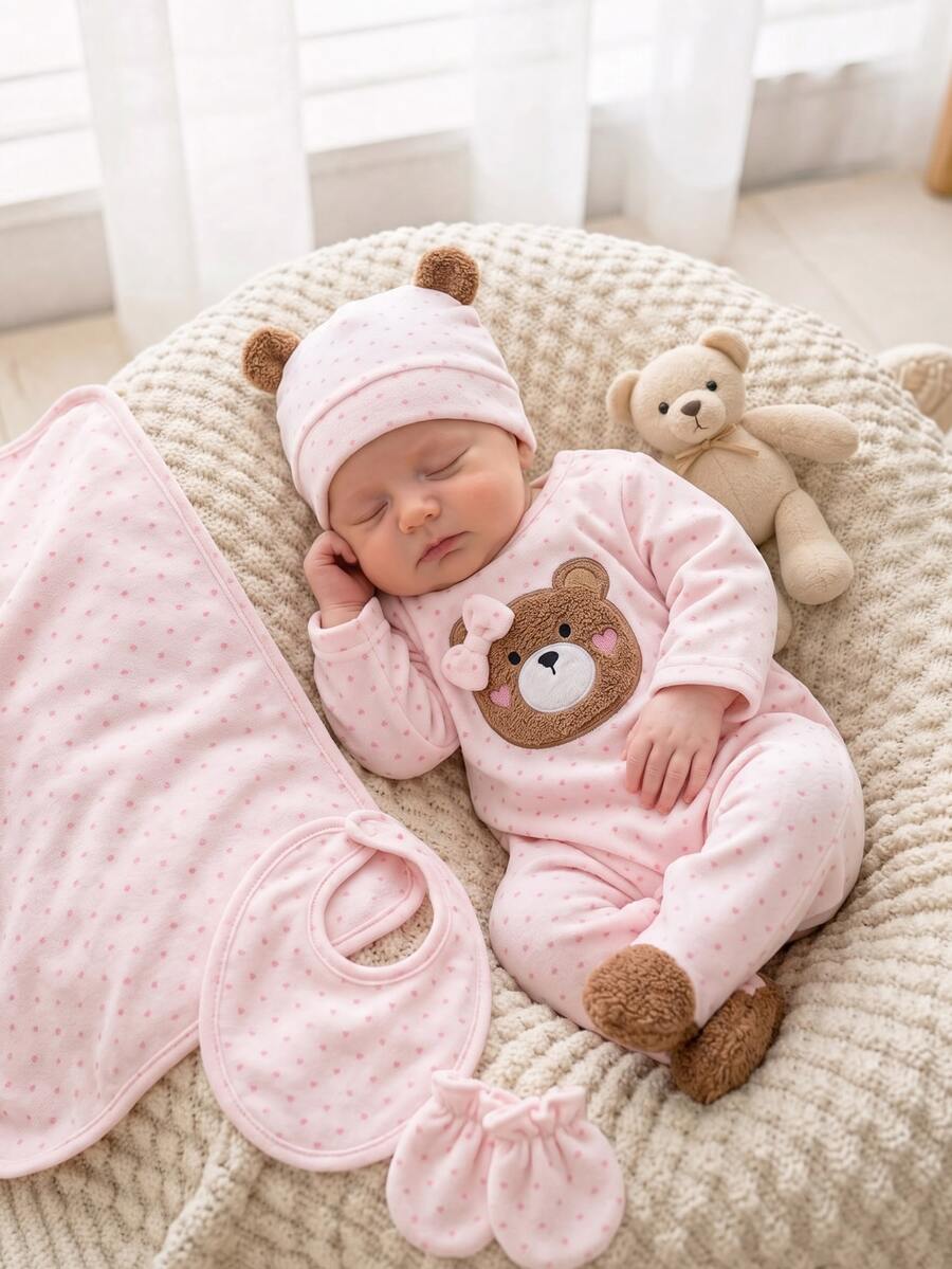 SHEIN Playful Pals Newborn Comfortable Soft Plush Pink Polka Dot Teddy Bear Applique Embroidery 3D Bow Decor Round Neck Fleece Footed Jumpsuit With Hat Autumn Winter - Baby Pink - View 1
