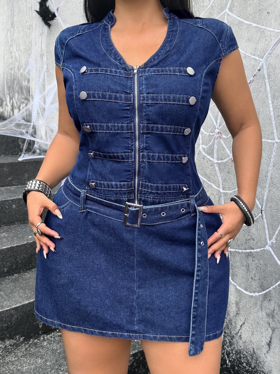 Jeanoix Gaun Denim Kasual Musim Panas Wanita Ukuran Plus dengan Desain Gesper - Biru - View 1