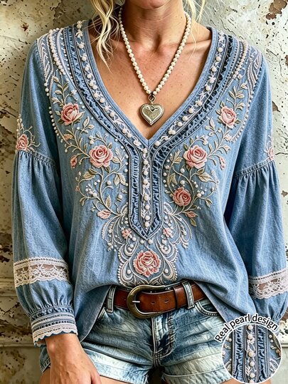 Selamara 2026 Nouvelle chemise en jean lavé bohème à col V pour femmes automne/hiver, top vintage à fleurs de rose avec fausse broderie et manches bouffantes, décoration de perles, cache-maillot décontractée ample, t-shirt de niche exotique