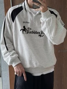 DAZY 男士字母印花條紋鈕扣半拉鍊運動衫 - 彩色 - 查看 3