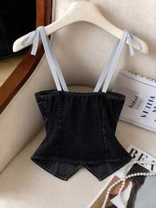 GlowEve Women's Front Button Camisole Denim Top - Black - View 2