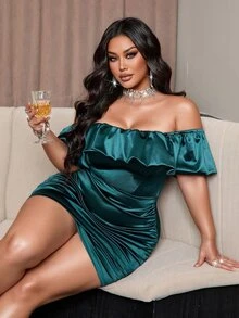 NU&NOW Plus Size Sexy Elegant Ruffle Ruffle Dress Cocktail Formal Party Teal Summer Summer - Dark Green - View 4