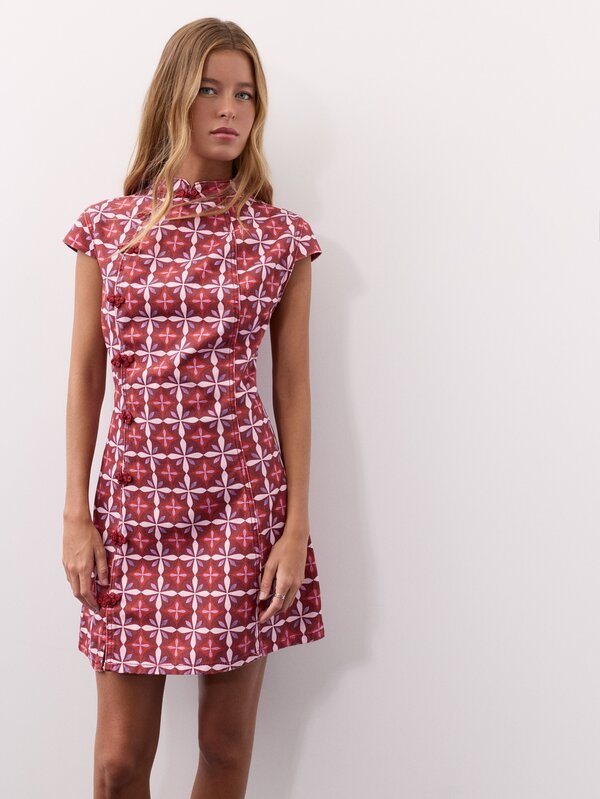 Nöista New Chinese Style Denim Print Short Dress