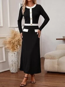 SHEIN Clasi 女款優雅通勤拼接色長袖兩件套，秋冬拼接色兩件套 - 黑與白 - 查看 5