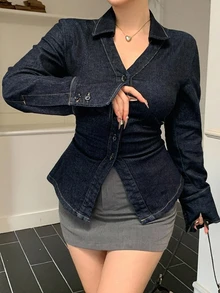 Dazy Plus Atasan Denim Lengan Panjang Berkerah dengan Pinggang Elastis dan Belahan di Bagian Bawah, Gaya Kasual Urban Elegan, Cocok untuk Musim Gugur, Pergi ke Klub Malam - Dark Wash - View 4