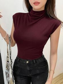 DAZY 優雅通勤純色立領短袖上衣 - 酒紅色 - 查看 5