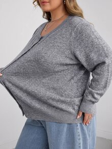SHEIN CURVE+ 大尺碼休閒純色圓領長袖寬鬆女款冬季上衣 - 灰色 - 查看 8