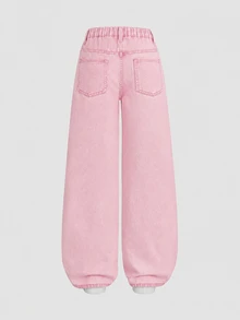 SHEIN Elladie kids Denimly 春夏大童女孩牛仔褲，淺粉色寬腿軟心刺繡鬆緊腰，搭配簡約白色T恤上衣，適合上學、生日，可愛風格 - 粉色 - 查看 2