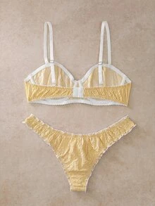 EverLounge 2pcs Striped 3/4 Cup Underwire Molded Cup Push-Up Support Lace Trim Bow Women's Lingerie Set - Yellow - View 2