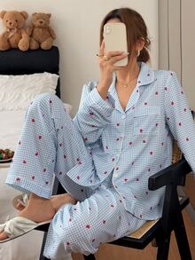 Napfluff Fresh Blue & White Plaid Heart Print Collared Pajama Set, 2 Pieces - Blue - View 1