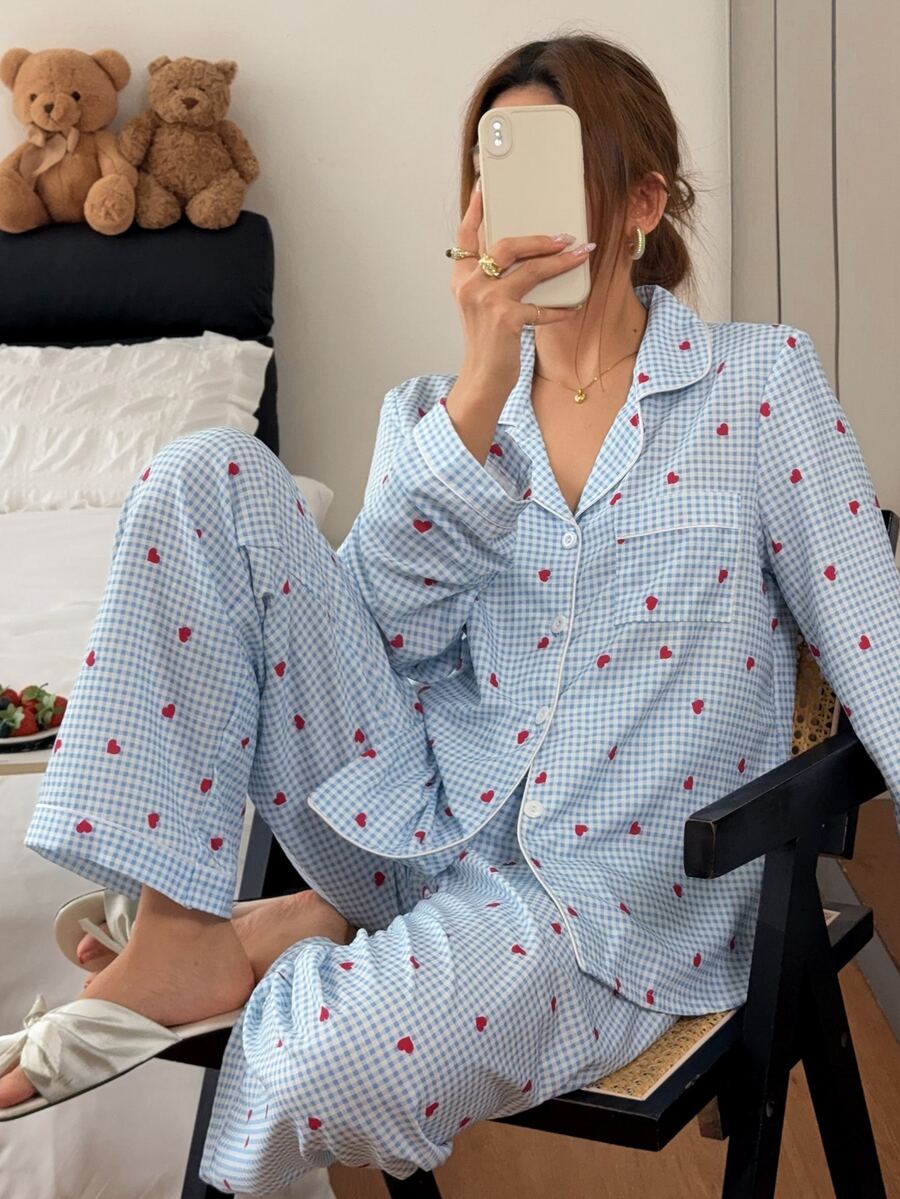 Napfluff Fresh Blue & White Plaid Heart Print Collared Pajama Set, 2 Pieces - Blue - View 1