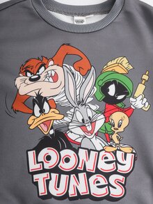 LOONEY TUNES X SHEIN Young Boy Cartoon Pattern Crew Neck Long Sleeve Sweatshirt And Sweatpants Set - Dark Grey - View 4