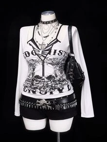 Sunspun Plus Size Subculture Vintage Skull Slim Fit Long Sleeve T-Shirt Fall - White - View 4