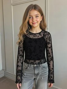 SHEIN 兒童青少年女孩休閒優雅街頭風蕾絲植絨網紗圓領長袖T恤附內搭背心，萬聖節套裝 - 黑色 - 查看 3