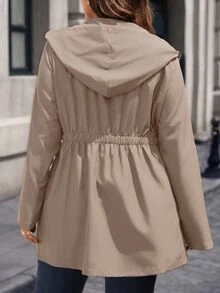 EMERY ROSE Plus Size Women's Autumn Casual Cinched Waist Black Lightweight Hooded Trench Coat With Pockets Fall - Khaki - View 2