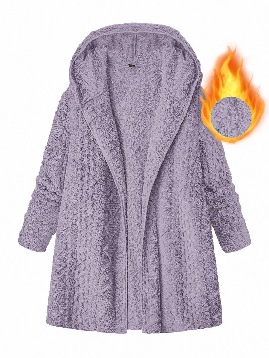 SHEIN Clasi 大尺碼冬季舒適麻花編織長袖連帽夾克 - 淡紫色 - 查看 1