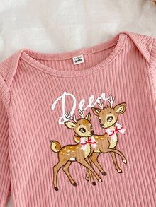 SHEIN 兒童新生兒鹿花紋居家服套裝 - 粉色 - 查看 3