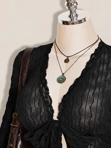SHEIN ICON Y2K 棕色秋季不對稱下擺喇叭袖復古植絨網紗透視前開襟女款上衣 - 黑色 - 查看 4