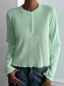 Livesso Women's White Solid Color Loose Drop Shoulder Casual Minimalist Round Neck Short Sleeve T-Shirt Fall - Mint Green - View 5