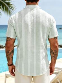 VENTUSAIL Men's Yellow Woven Striped Summer Lightweight Slim Fit Casual Vacation Short Sleeve Shirt - Mint Green - View 2