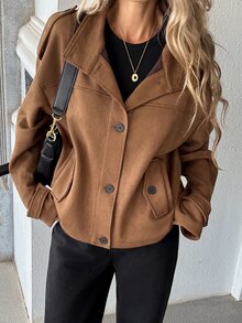 Pariaura Jaket Wanita Kasual untuk Perjalanan Sehari-hari, Longgar, Nyaman, Kerah Tegak, Bahan Suede Fleece, Lengan Panjang, Bahu Jatuh, Model Serbaguna - Coffee Brown - View 3