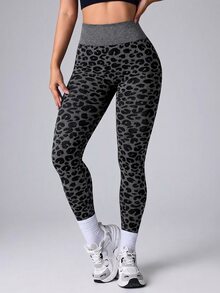 Slayform Leopard Print Mid-High Waist Casual Sports Seamless Leggings - Dark Grey - View 4