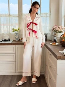 Snug Reverie Minimalist Contrast Trim Lace-Up Casual Home Loungewear 2 Pieces Set - Beige - View 3