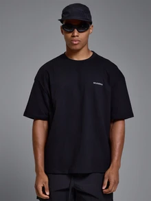 Sport Oversized Crew Neck Tshirt Crop Length Large Back "Musero" Graphic Spring Summer Sports Activewear - Black - View 1