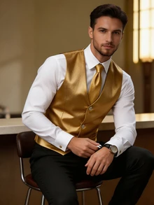 Manfinity AFTRDRK Men's Luxurious Party Gold Single-Breasted Suit Vest, The Perfect Gift For Holidays - Gold - View 3
