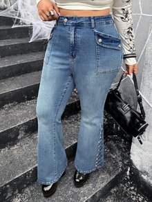 Jeanoix Plus Size Women's Casual Daily Denim Flare Pants With Pockets And Buttons - Blue - View 6