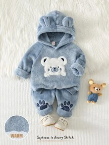 Cozy Pixies 2件組男嬰童休閒日常舒適刺繡秋冬連帽套頭長袖刷毛衛衣與運動長褲套裝 - 藍色 - 查看 10