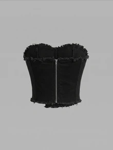 SHEIN MOD 女款不對稱下擺牛仔抹胸黑色鈕扣裝飾上衣 外出上衣 夜店之夜 夏季性感 - 黑色 - 查看 2