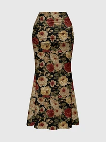 ROMWE Fairycore Plus Size Women's Floral Print Casual Versatile Daily Wear Skirt - Coffee Brown - View 2