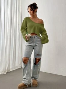 SHEIN Unity 女款純色落肩長袖紋理V領休閒針織衫 - 綠色 - 查看 4