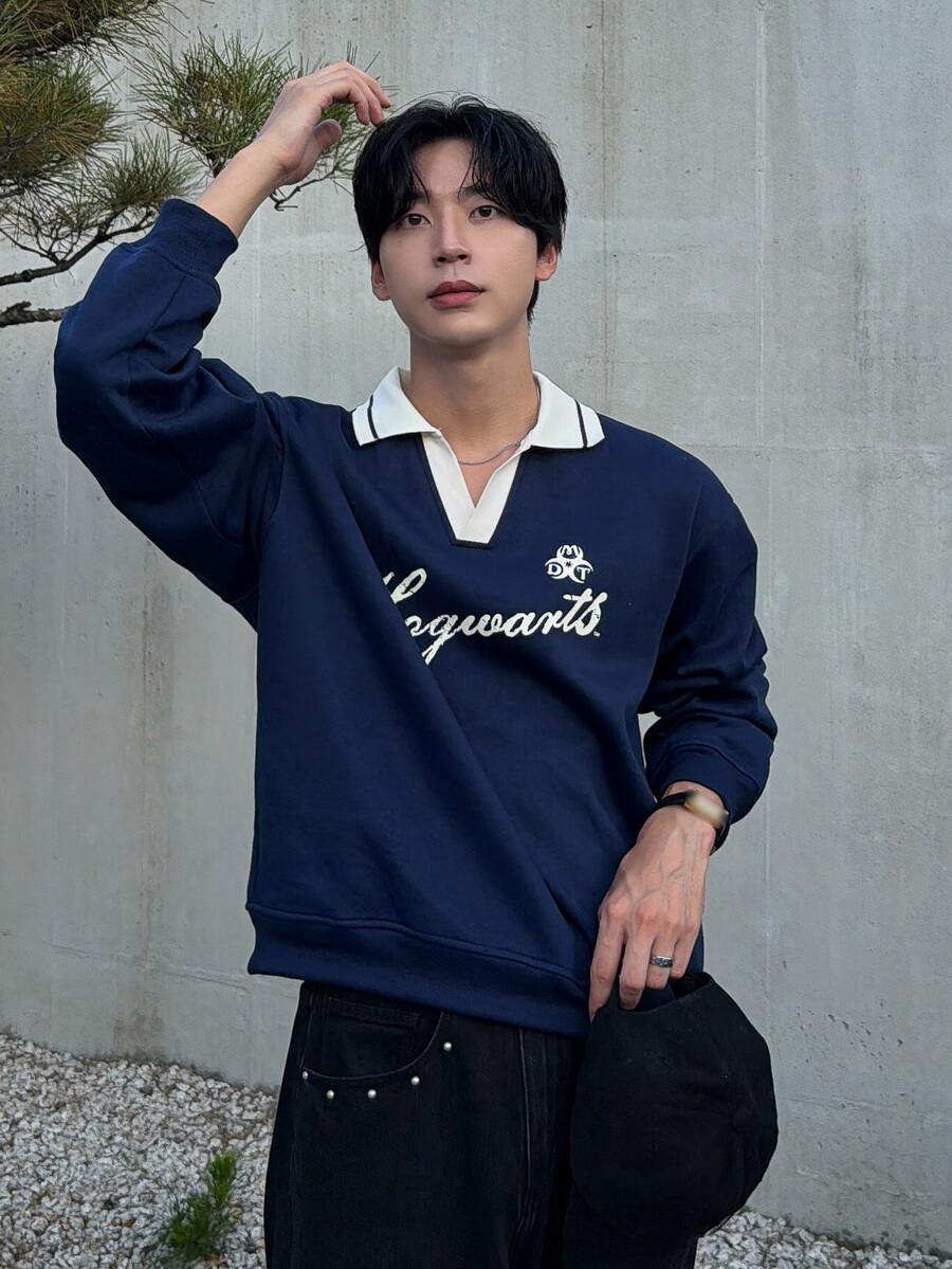 DAZY 男士海軍藍拼接拼接羅紋領字母印花刷毛布料短版套頭運動衫 - 寶藍色 - 查看 1