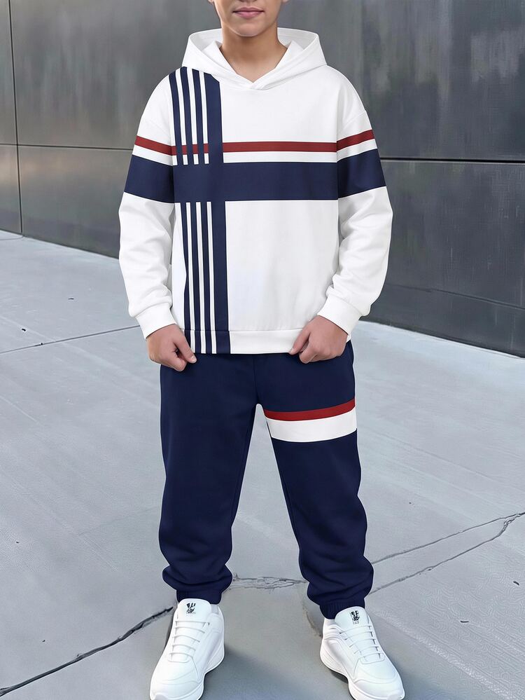 SHEIN 2pcs Kids Tween Boy Casual Versatile Striped Pattern Hoodie And Pants Set, Suitable For Commuting, School, Daily Casual Wear, Outings And Sports - White - View 5