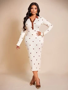 Brilight Sxy Heart Argyle Print Midi Bodycon Dress For Date Brunch Daily Streetwear - Apricot - View 9