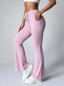 SHEIN Dewbera กางเกงกีฬาขากว้างสีตัดกันมีเชือกรูด - สีชมพู - ดู 4
