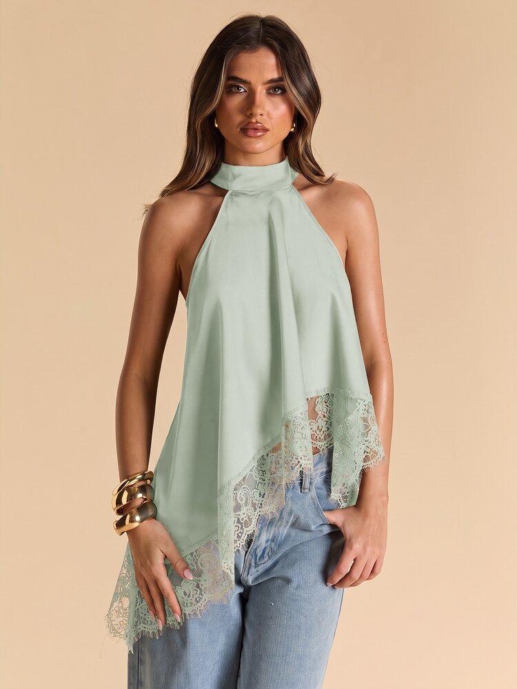 SHEIN BAE Spring/Summer Women's Clothing, Women's Spring/Summer Styles, Solid Black Sexy Minimalist Elegant Halter Neck Backless Lace Trim Patchwork Women's Tank Top, High-End Satin Faux Silk Women's Tank Top, Party Gathering Cocktail Top, Formal Occasion Gathering Top, Black Lace Satin Patchwork Women's Sexy Top, Cocktail Party, Business Casual Women's Clothing, Going Out Top - Mint Green - View 3