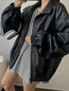 DAZY Women's Solid Color Zipper Casual Street Versatile Daily Travel Long Sleeve Leather Jacket Fall Winter Night Out Black - Grey - View 3
