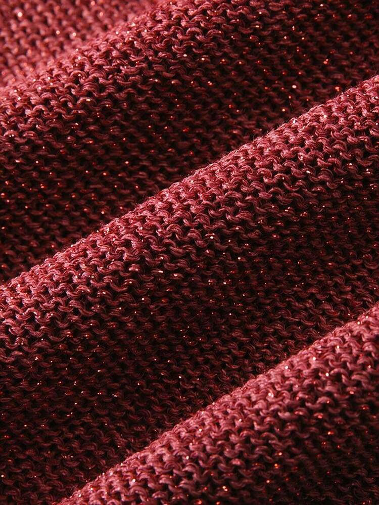SHEIN New Spring Fall Glam Lurex Knit Slant Cut V Neck Top Women Drop Shoulder Three Quarter Cuff Sleeve Rel - Burgundy - View 6