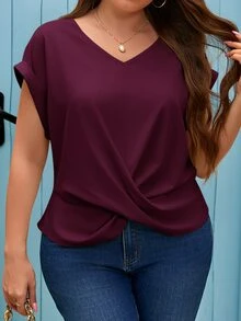 SHEIN Frenchy 大尺碼女款扭結下擺蝙蝠袖短袖V領綠色襯衫 - 紫色 - 查看 4