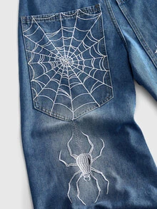 ROMWE MEN Men's Spider Web Embroidered Loose Fit Jeans - Medium Wash - View 2