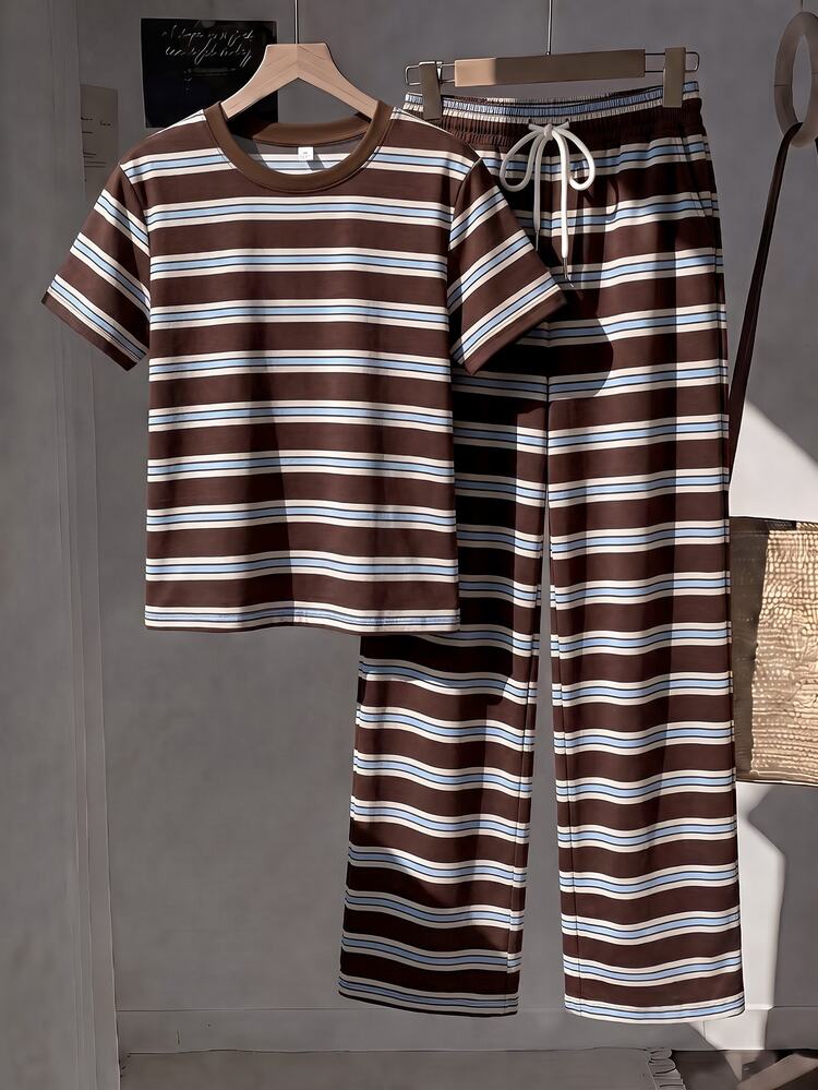 Muvela Women's Striped Round Neck Short Sleeve T-Shirt And Long Pants Casual 2 Pieces Set - Multicolor - View 5